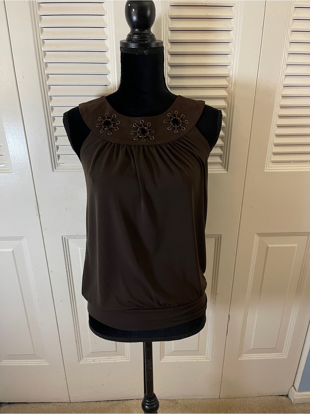Michael Kors Brown Sleeveless Embellished Yoke Tank